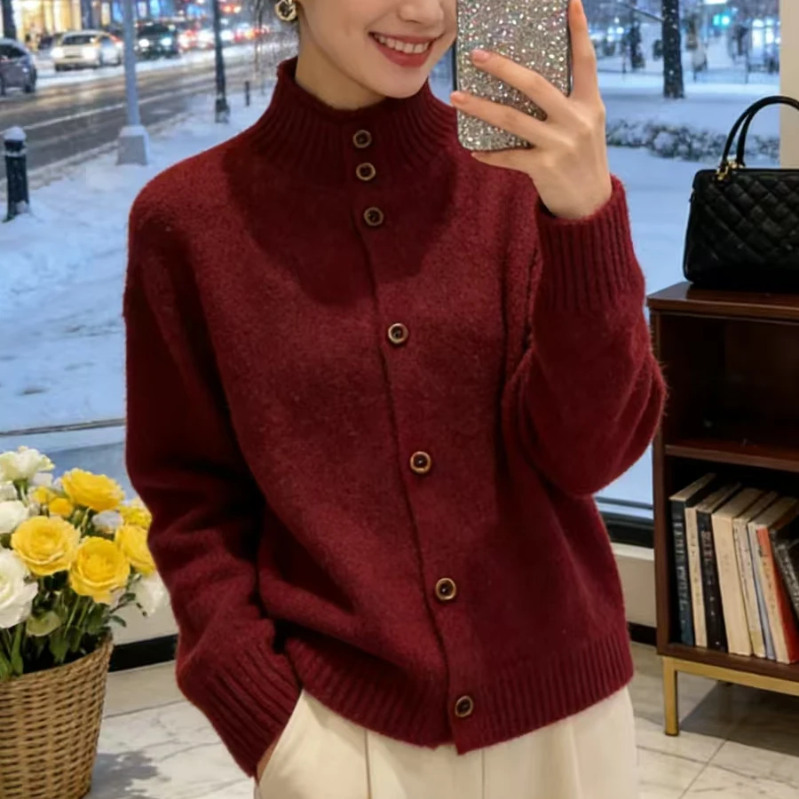 【复古红】新年红高领毛衣外套开衫女秋冬季软糯慵懒风针织上衣