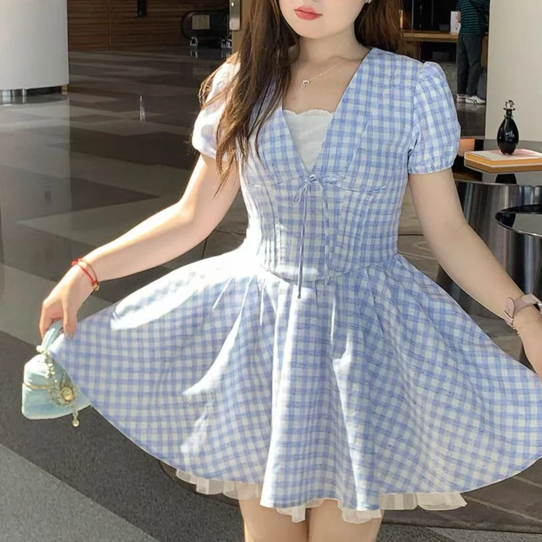 婷婷家夏季假两件V领连衣裙女2025新款小个子气质收腰显瘦a字短裙