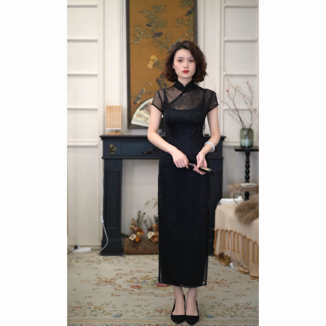 彩彩家【日落沙丘】收腰修身款复古气质黑色显白遮肉设计改良旗袍