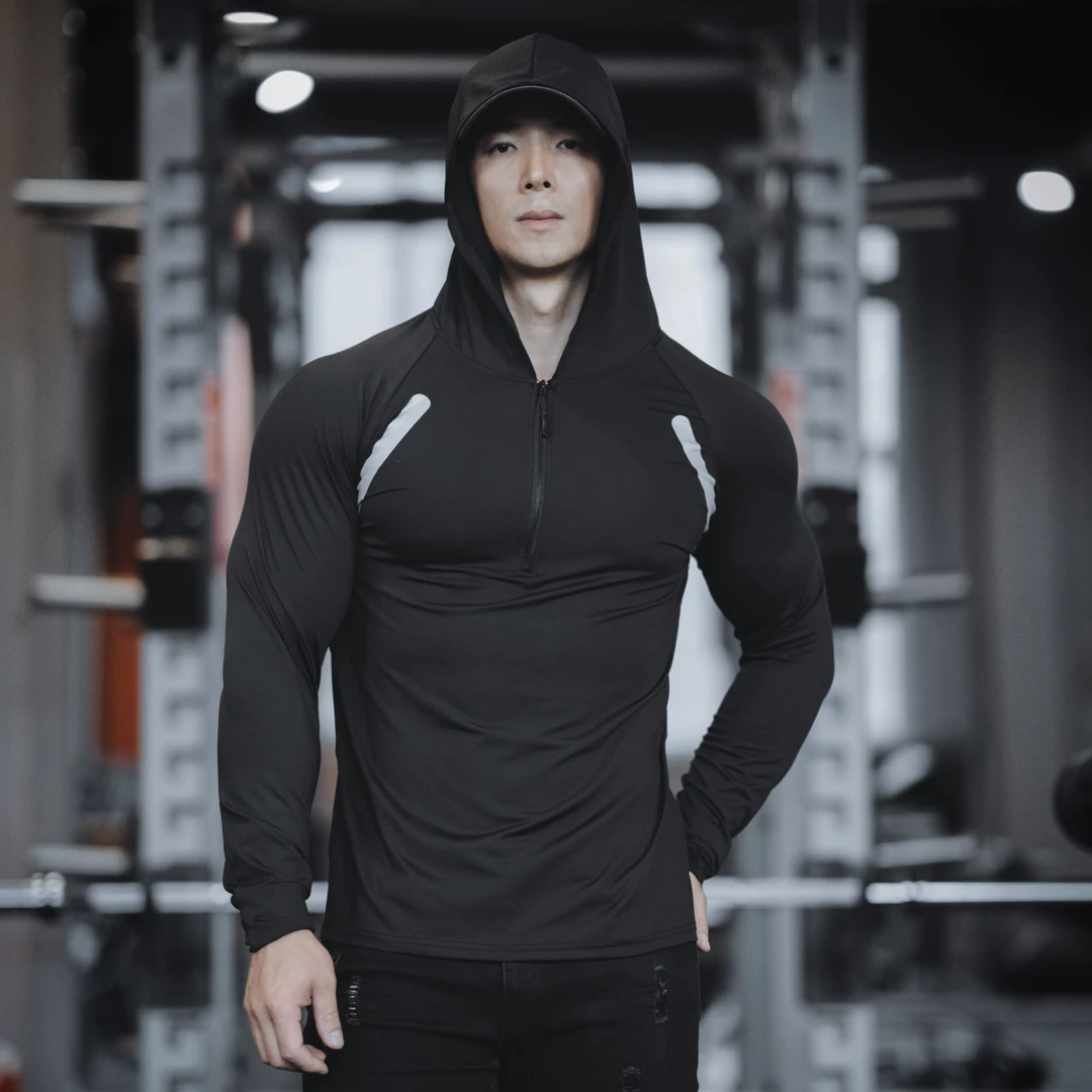 男士秋季户外健身修身薄款排汗速干连帽半拉链运动高弹长袖
