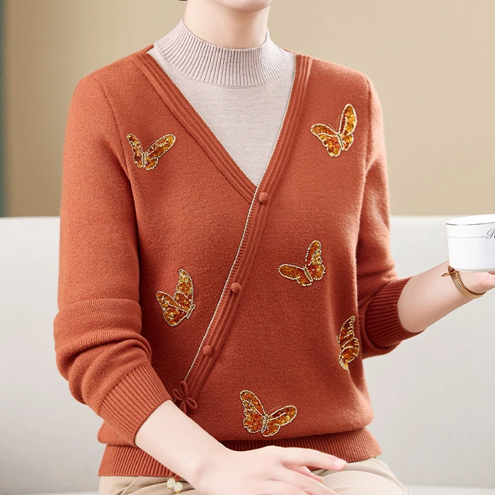 中老年女装加绒半高领假两件毛衣秋冬新款宽松内搭套头妈妈装加厚