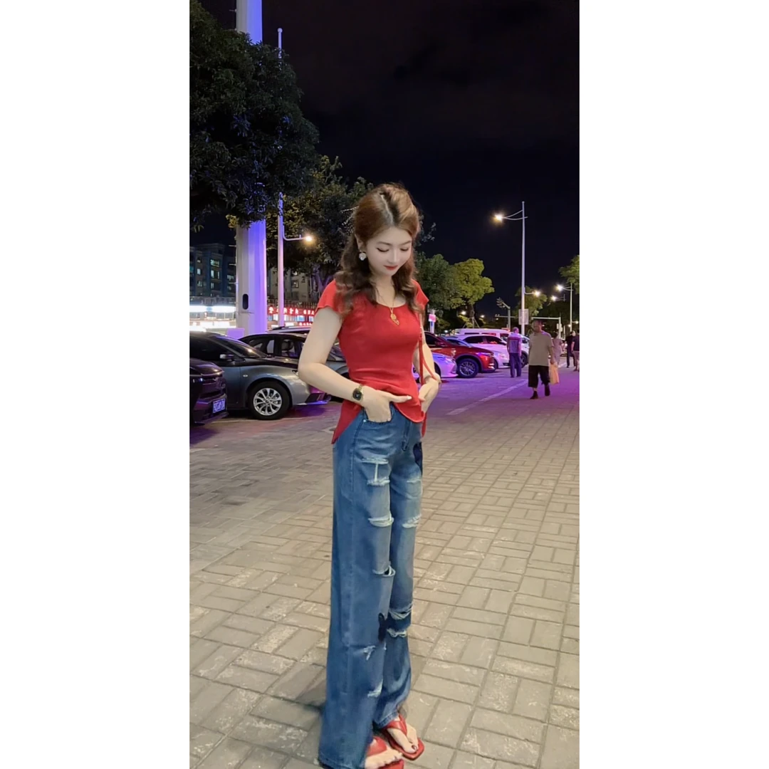 涵儿家 设计感方领修身后背绑带短袖 VS 高腰直筒破洞牛仔裤1225