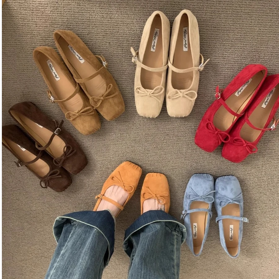 法式仙女风绒面方头单鞋女2025年春秋新款蝴蝶结通勤平底玛丽珍鞋