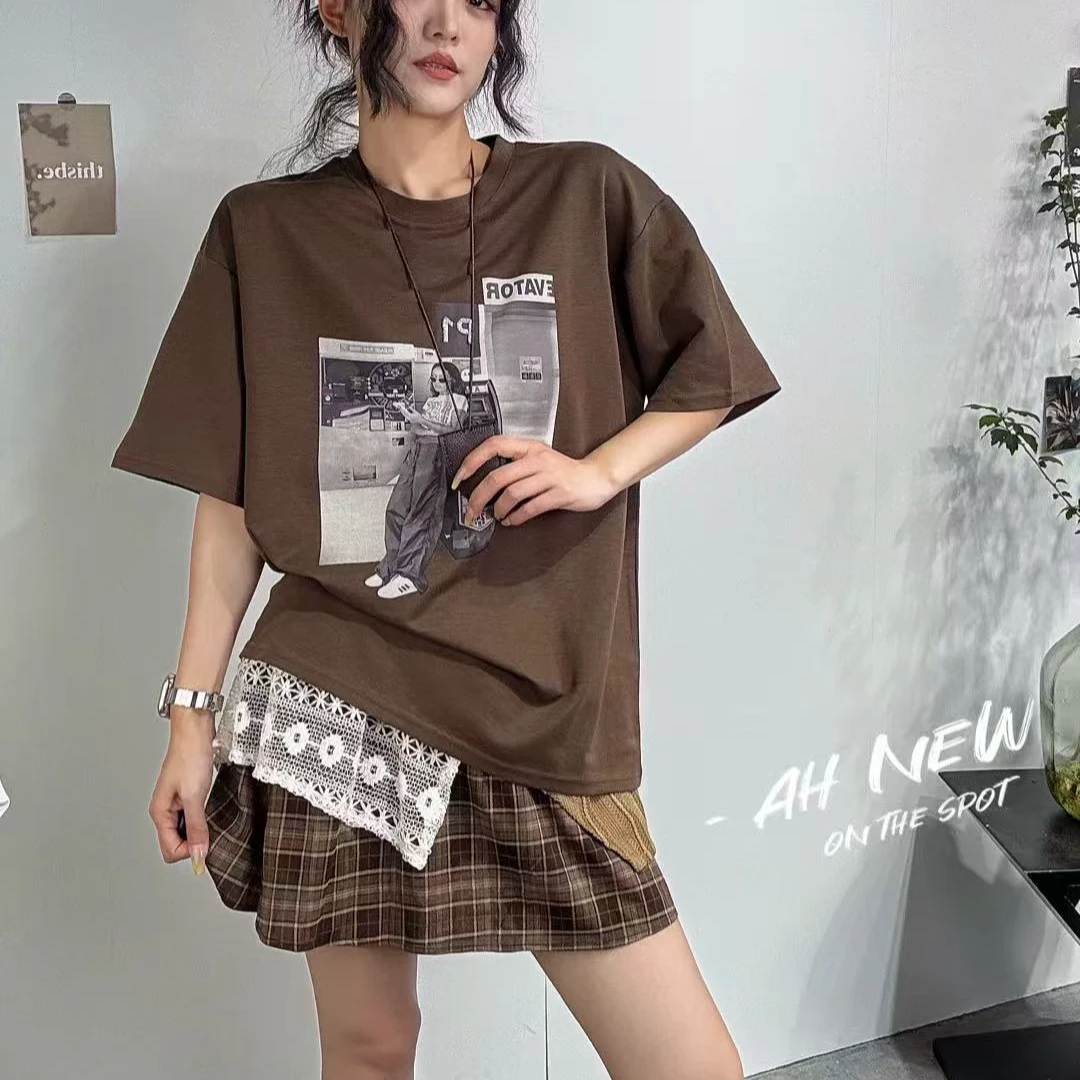 FRVXO女装美式复古印花女夏季宽松独特漂亮上衣不规则半裙