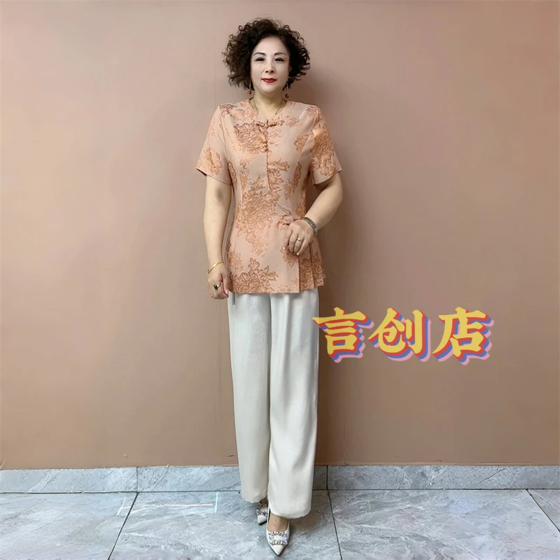 2561夏季短袖时尚洋气衬衫套装中老年妈妈旗袍衫宽松大码遮肉上衣