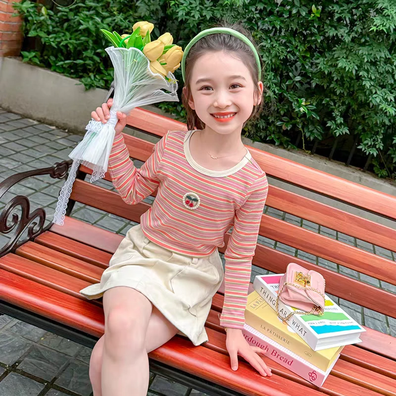 7716女童洋气条纹t恤2025秋季新款儿童薄款上衣宝宝长袖打底衫秋