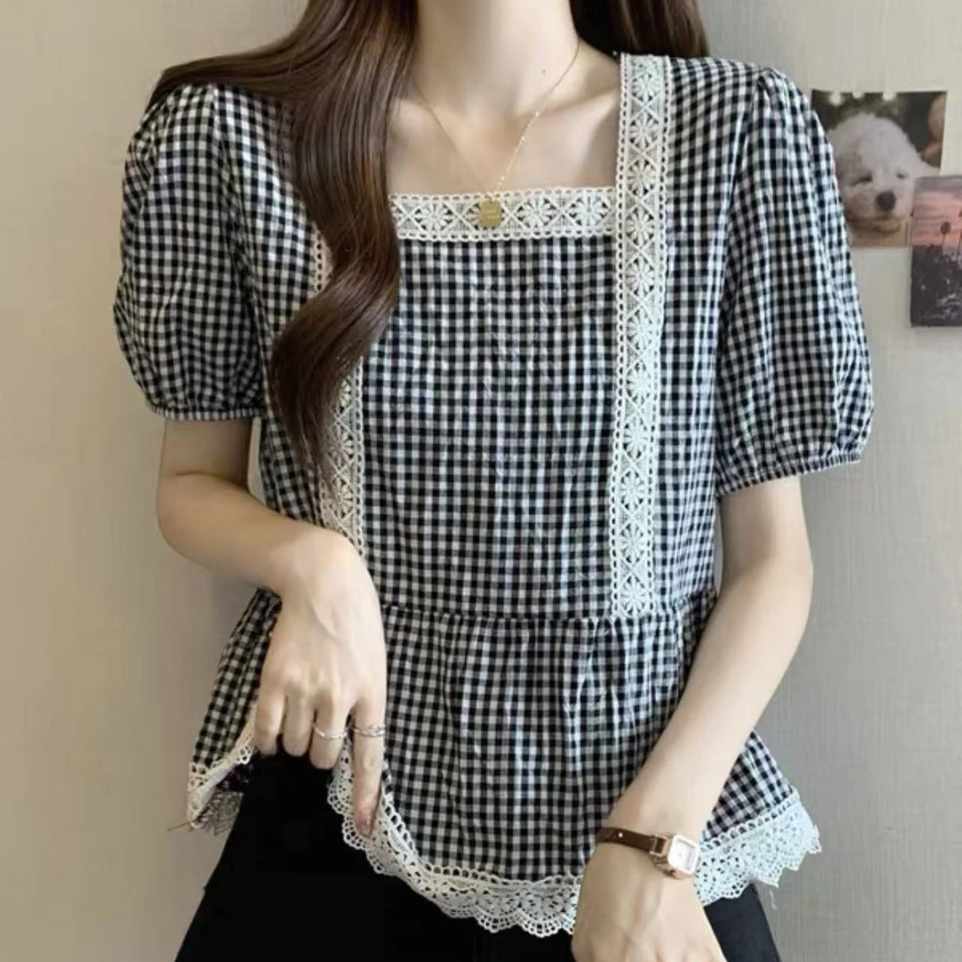 婷婷家蕾丝花边方领格子短袖衬衫女2025夏季韩系复古娃娃衫上衣