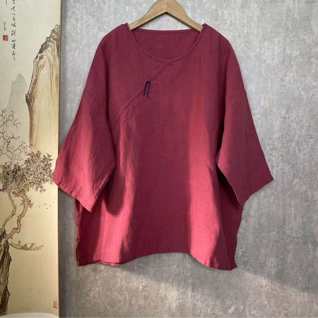 芬雅原创亚麻圆领明线复古文艺小衫衣长65胸围136