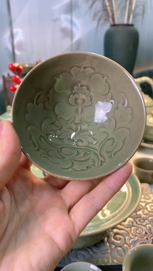 耀州窑【牡丹】900068手工刻花 小斗笠杯