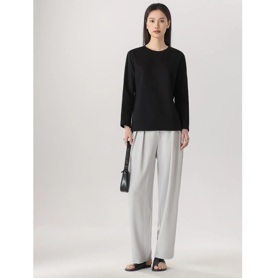 秋季新款圆领纯色防风长袖常规T恤简约宽松套头休闲气质BLT24849