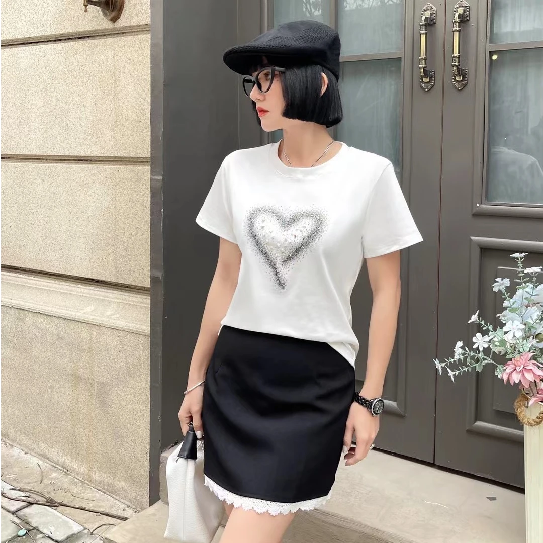 【6099-xte】爱心贝壳简约时尚百搭圆领T恤女士夏季短袖