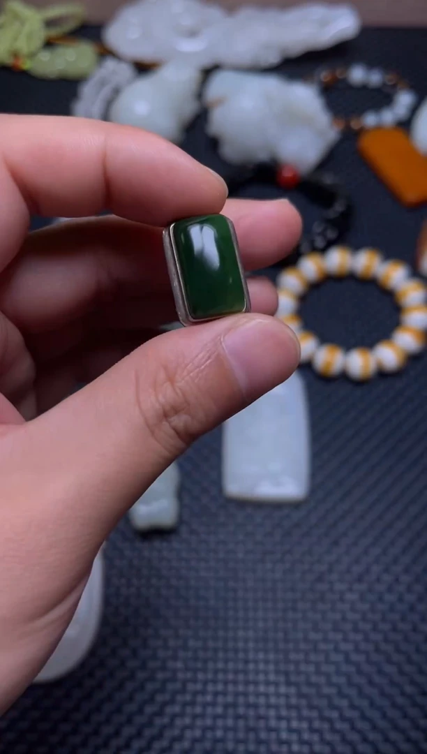 和田玉（碧玉）戒指未镶嵌玺玉东方文玩玉器