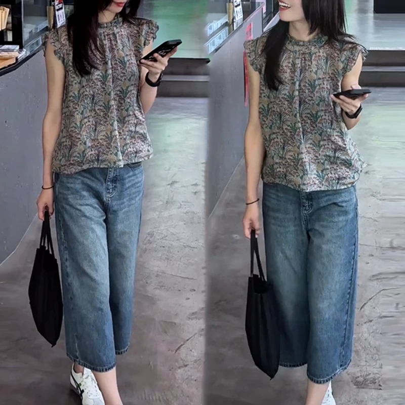 2025夏季爆款两件套女装法式碎花印花无袖衬衫高腰显瘦休闲裤套装