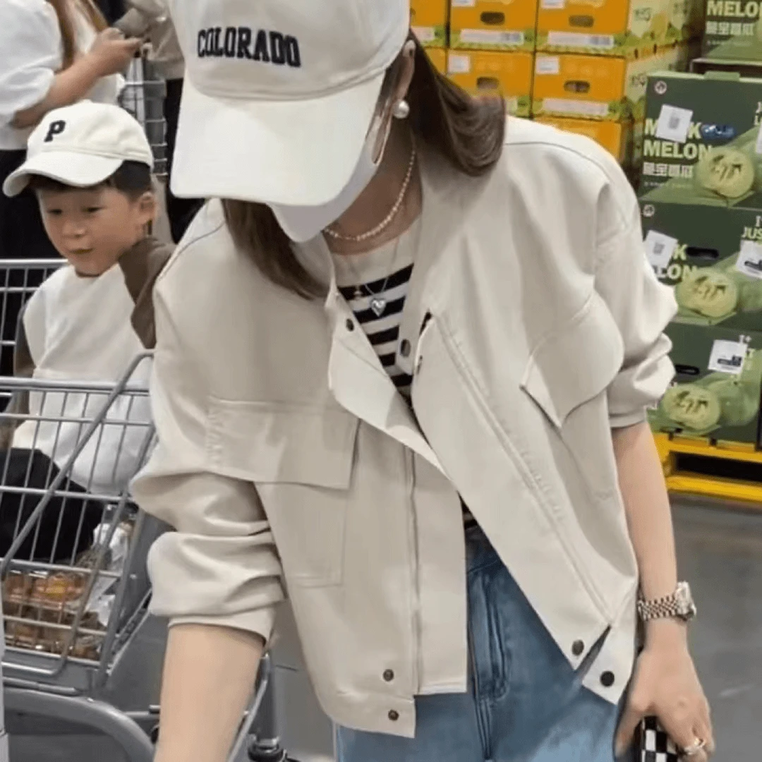 2025春秋新款皮衣外套女欧货短款工装机车服浅色气质百搭pu皮夹克