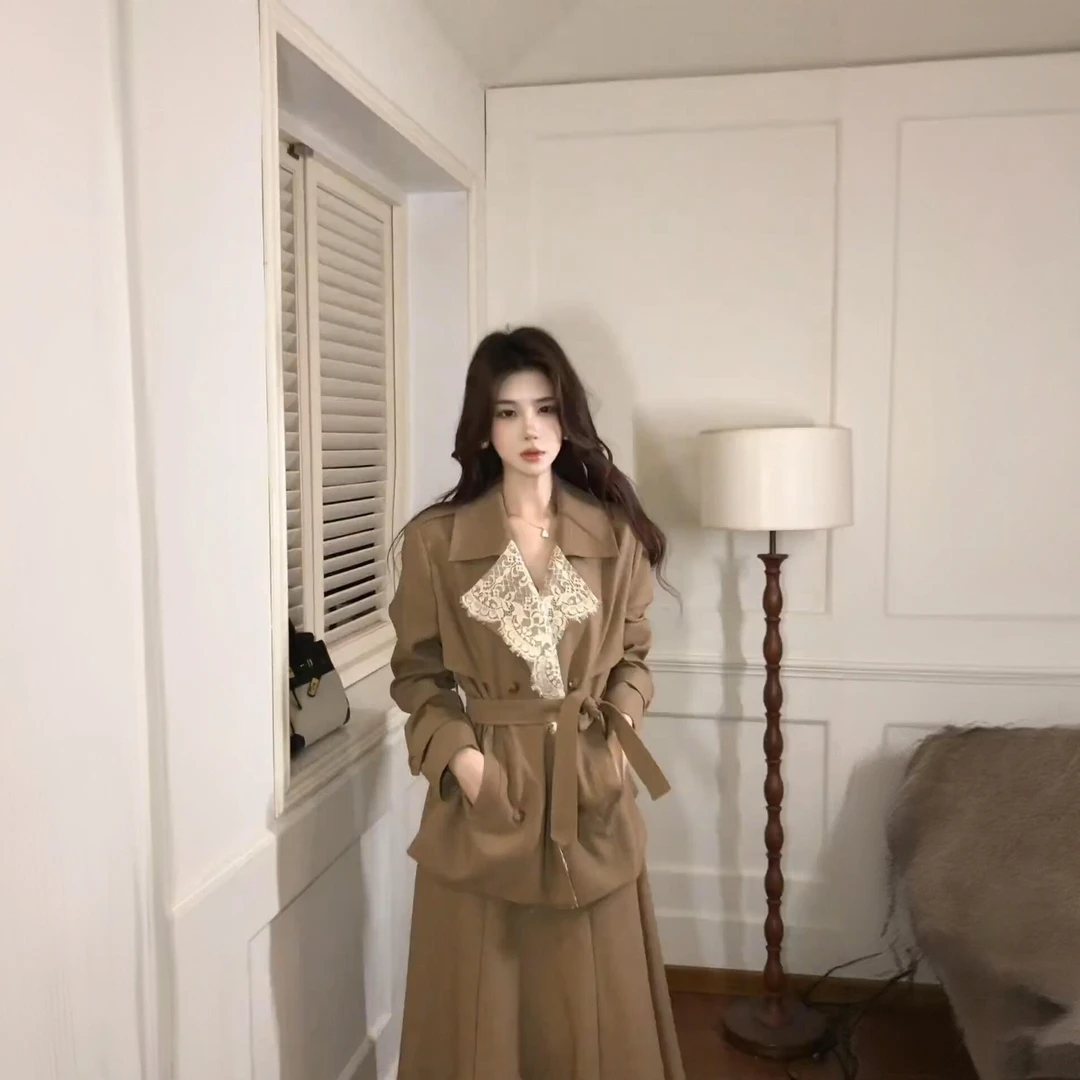 秋季美拉德穿搭高级感巨好看大方得体小香风蕾丝外套半身裙两件套