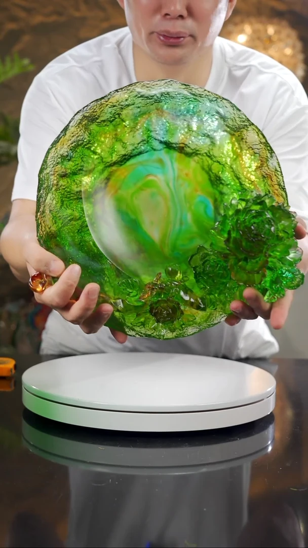 设计款绿色牡丹花果盘摆件带支架