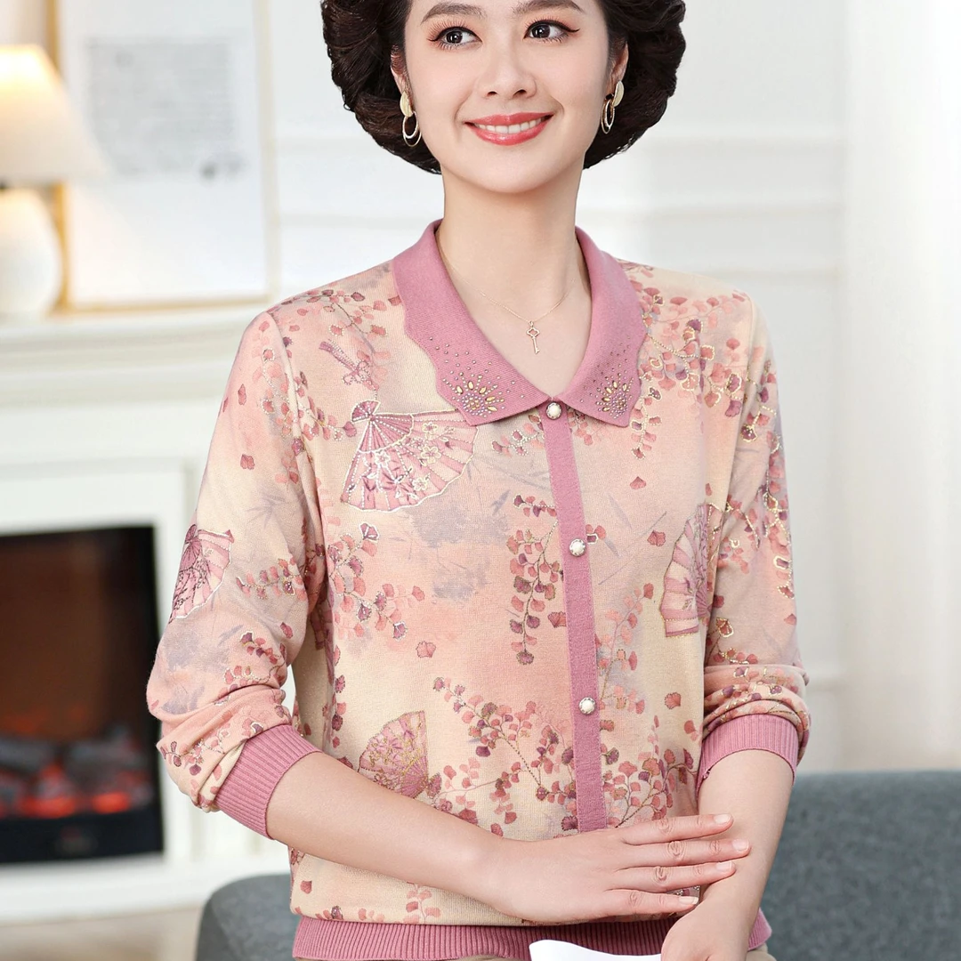 妈妈装秋装长袖T恤宽松上衣50至60岁中老年妈妈翻领印花小衫上衣