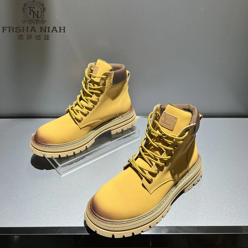 法莎尼亚男士高帮马丁鞋秋冬新款厚底增高系带短靴痞帅英伦大黄靴
