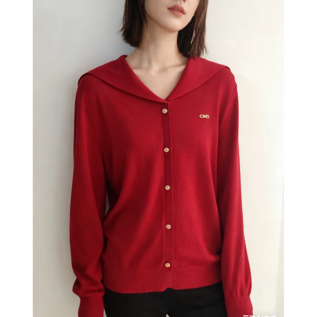 长袖海军领针织衫百搭秋冬春秋短款毛衣时尚设计师妈妈女款上衣