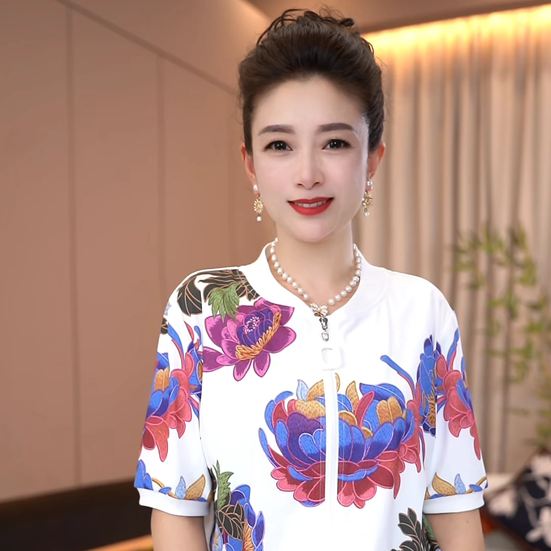 【单件短袖】花开富贵仿刺绣透气洋气减龄轻奢休闲女运动2521064