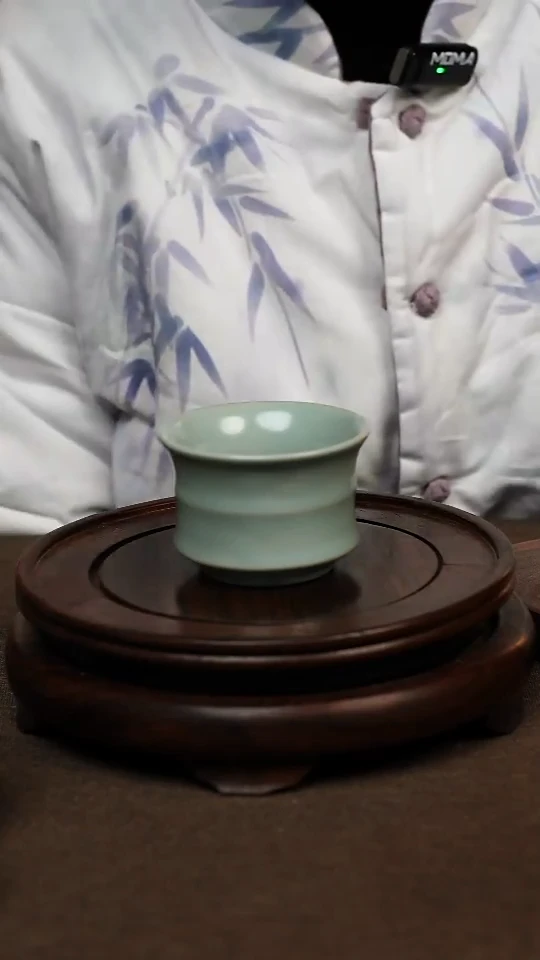 瓷片仿古天青束腰竹节杯100ml 微瑕 不带礼盒