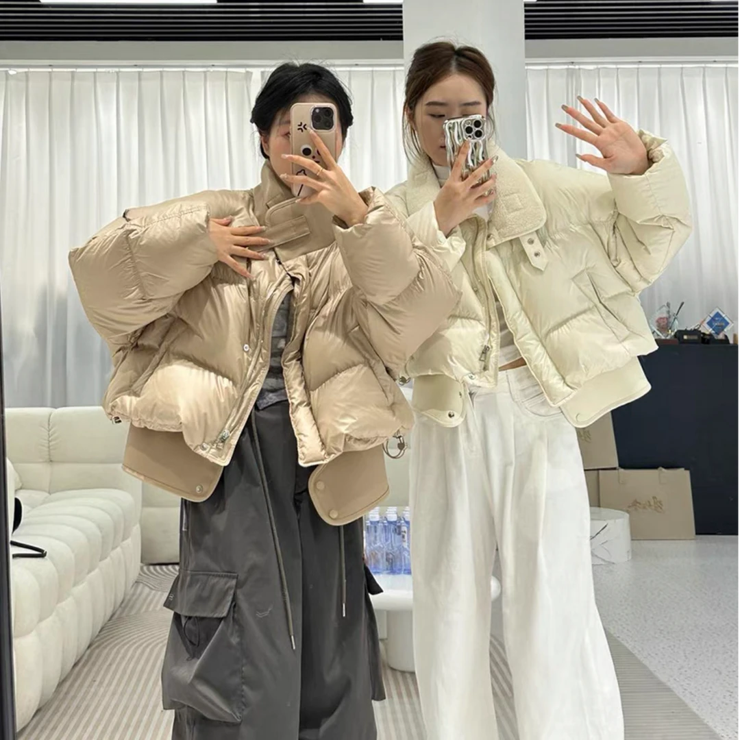 喜家外贸-冬季新款高品质小立领拼接羽绒服女慵懒风外套