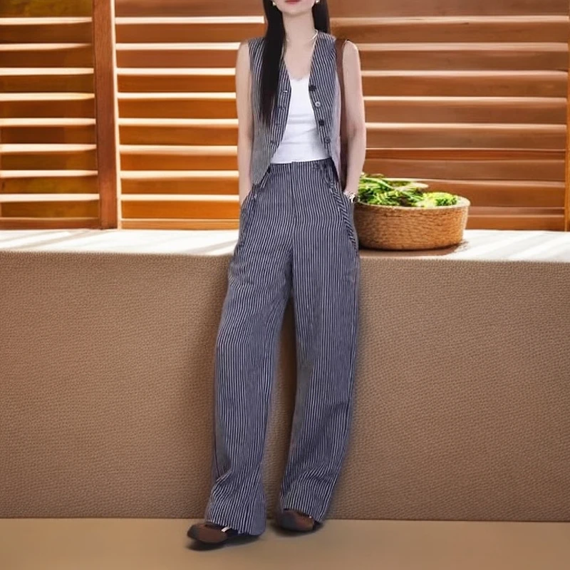 时尚复古条纹马甲高腰显瘦直筒裤