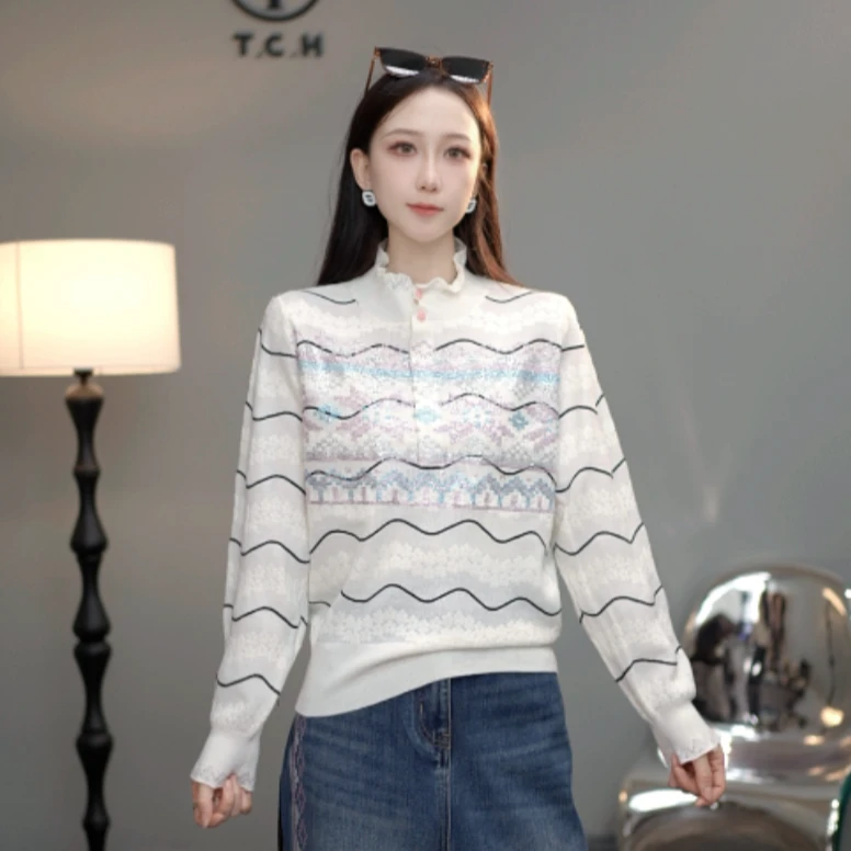 TCH【柔软舒适】冬款时尚烫钻休闲风米色女装针织衫T75D09E1188