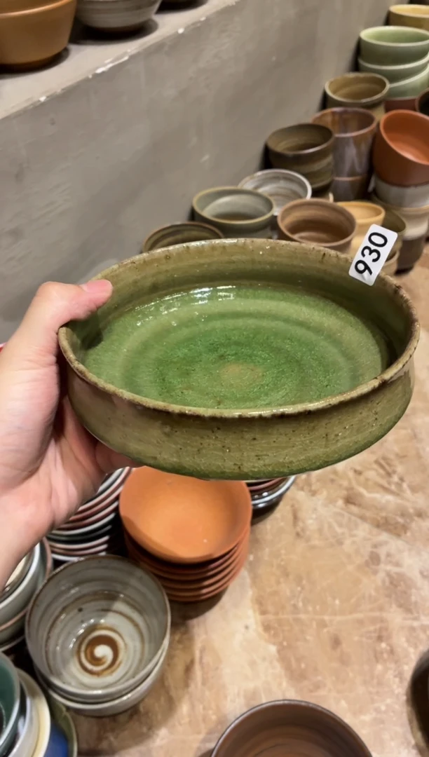 瓷片攒****?930粗陶柴烧玻化绿竹节盘1个