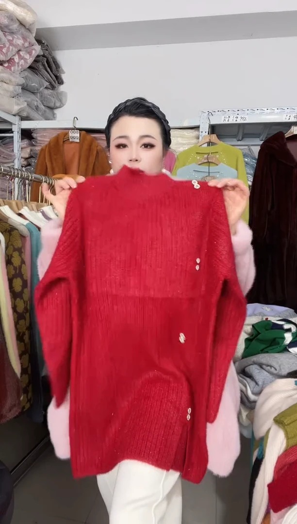 长款毛衣 六扣 红色