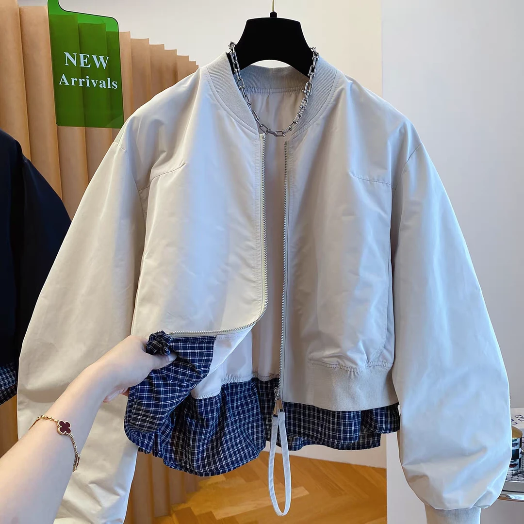 2528欧洲站时尚拼接格子衬衣下摆假两件套棒球服外套