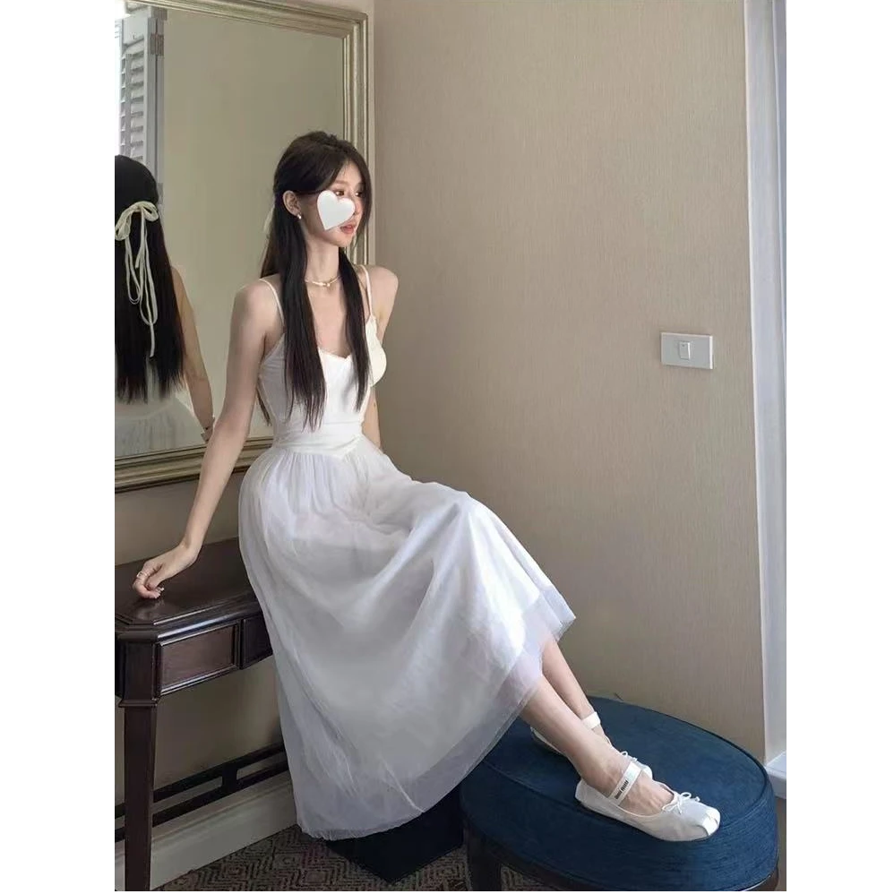 180-女【逃跑公主】网纱白色吊带连衣裙女夏收腰显瘦海边初恋长裙