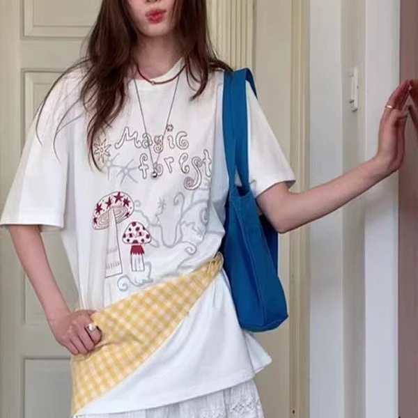 巨好看设计感上衣韩系女装通勤白色创意蘑菇印花宽松短袖T恤夏季