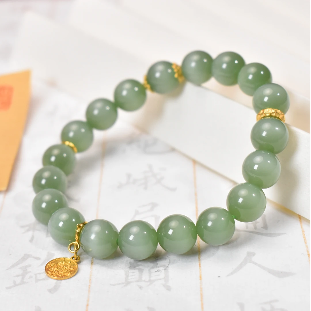 【睿泽鉴宝 】18k和田玉粉青猫眼手串 9mm  JAN0019