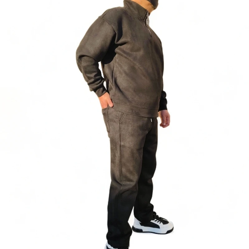 2025秋冬季新品男士时尚潮牌宽松款厚料加绒半拉链卫衣长裤两件套