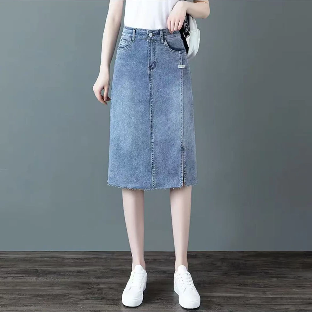 2025春秋新款开叉牛仔半身裙显瘦时尚百搭女士a字裙女8951长68