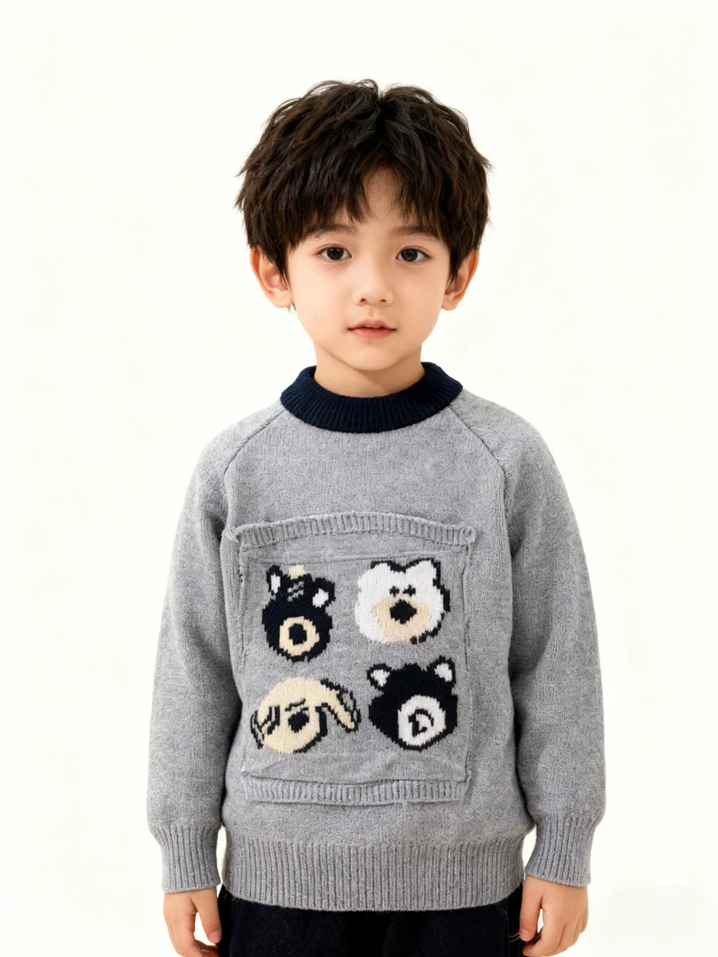 冬季小熊加绒加厚男宝宝一体绒毛衣韩版卡通针织衫圆领套头上衣