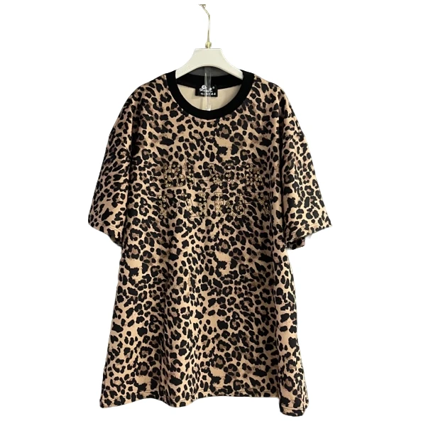 短袖豹纹宽松型常规T恤休闲夏季中长款迷彩百搭时尚