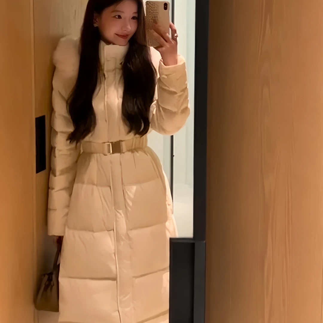 韩系时尚气质大毛领收腰棉服女冬季2025新款加厚保暖中长款外套