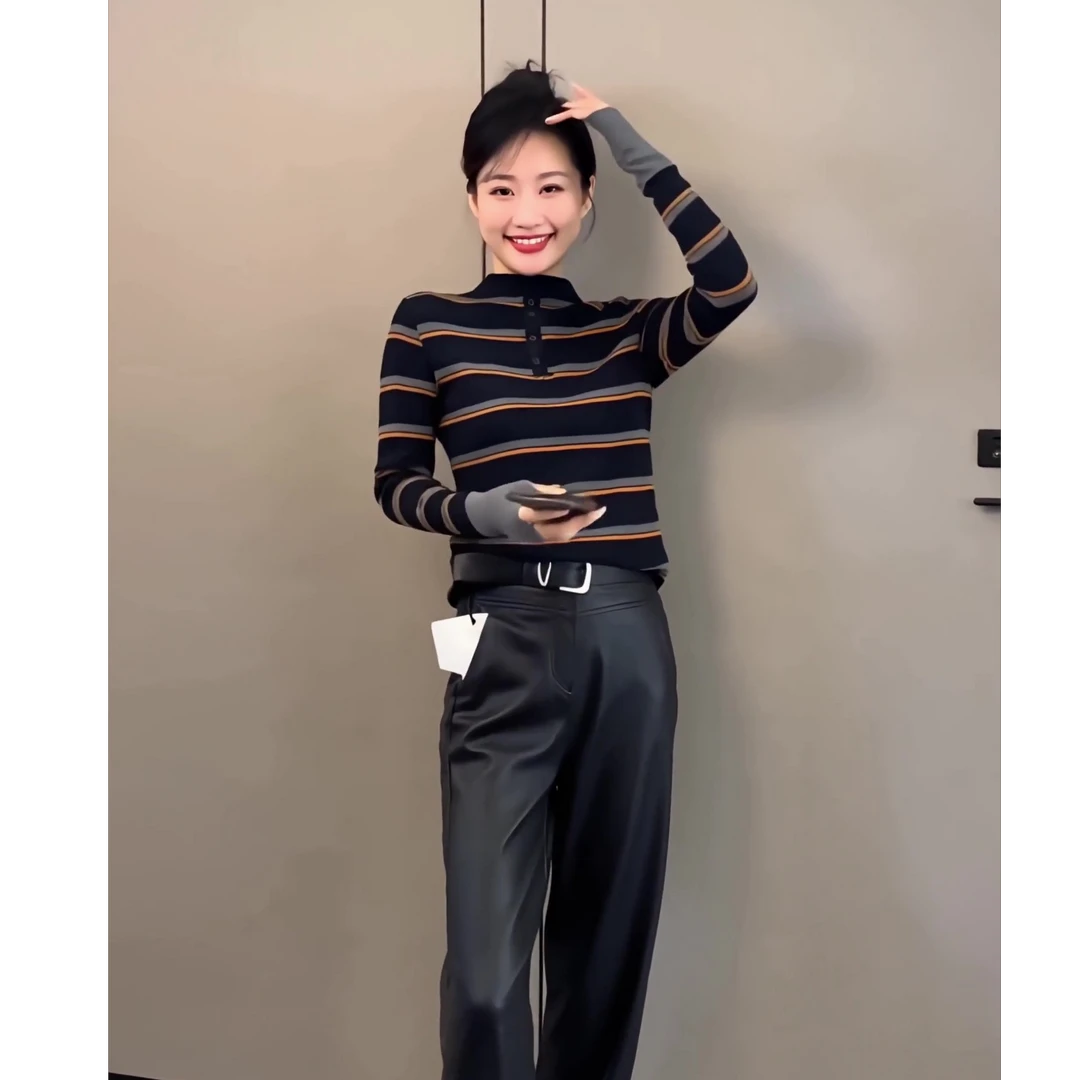 秋冬复古条纹半高领针织上衣女新款拼色内搭2025秋季休闲打底毛衣