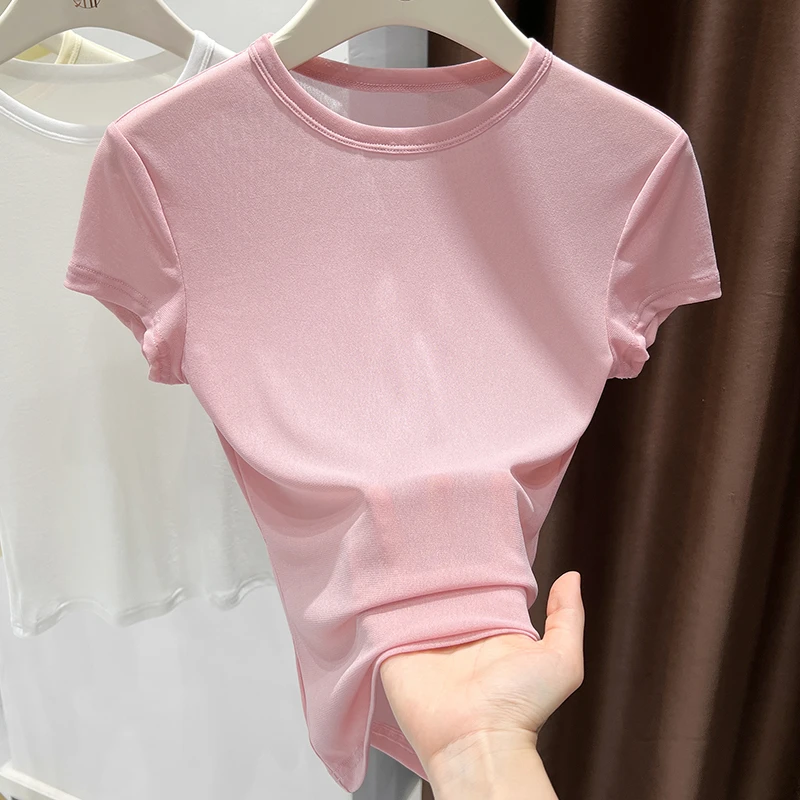 甜美粉色薄纱微透短袖体恤女款修身显瘦正肩气质圆领时尚百搭上衣