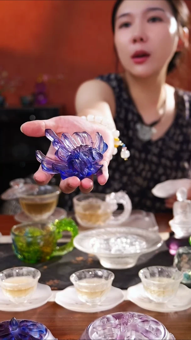 夏*古法琉璃蓝紫色立体菊花香插