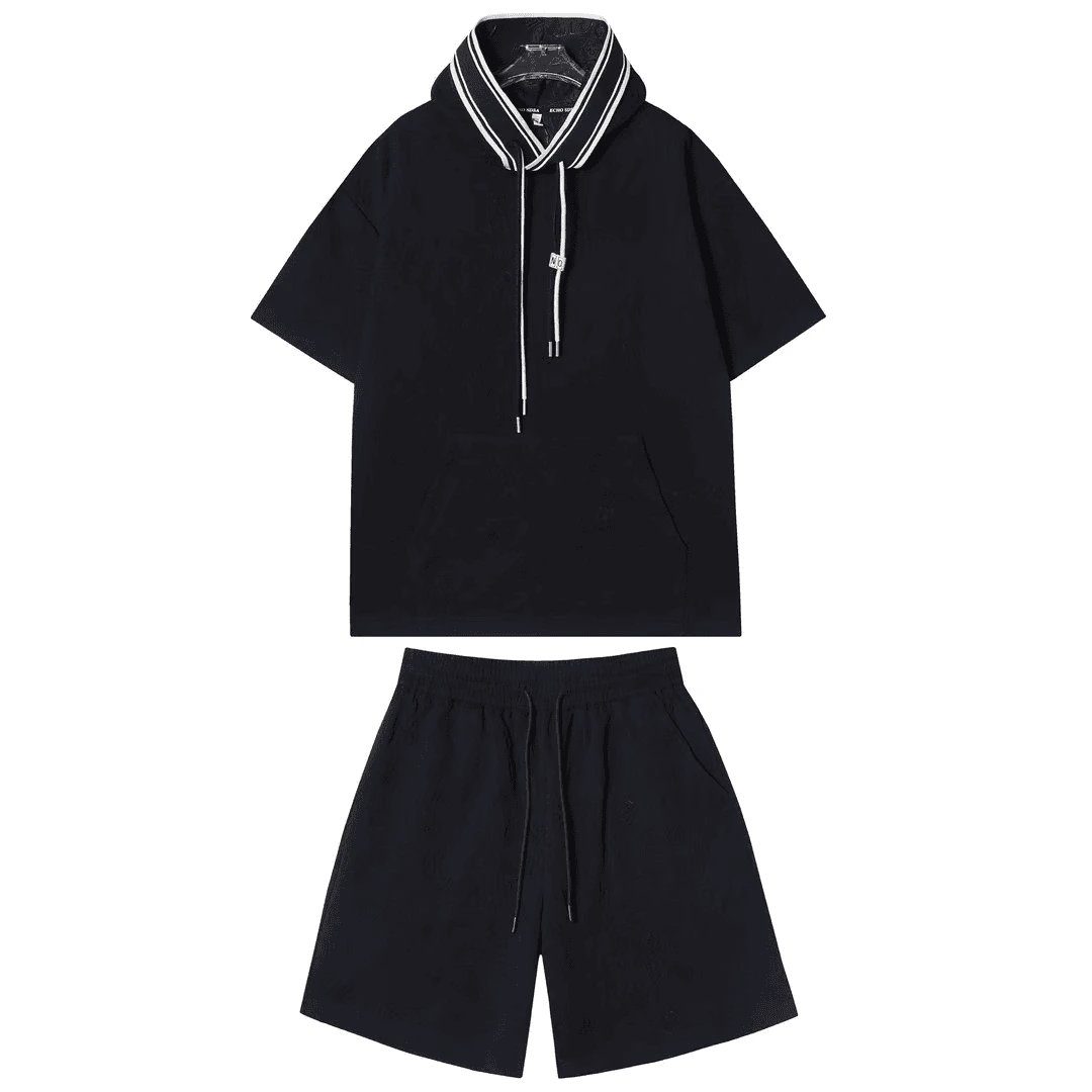 夏季休闲连帽抽绳口袋男士套装潮流百搭T恤宽松简约短裤潮牌