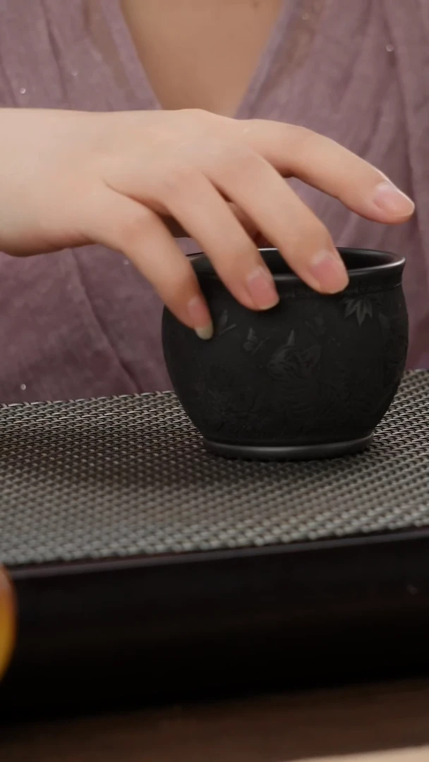 茶杯紫砂原矿石黄主人杯刻猫