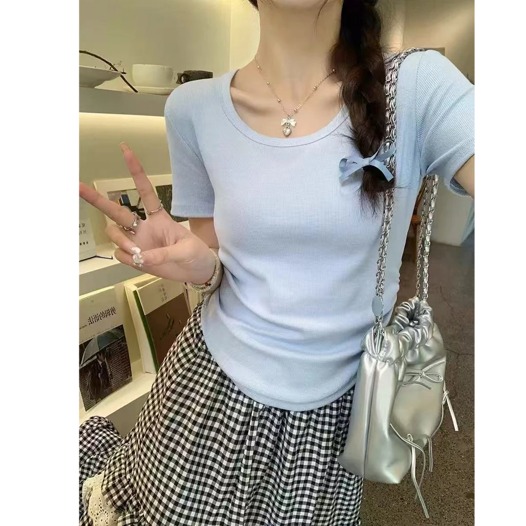 格子推荐~春季新款正肩褶皱设计感短袖T恤203