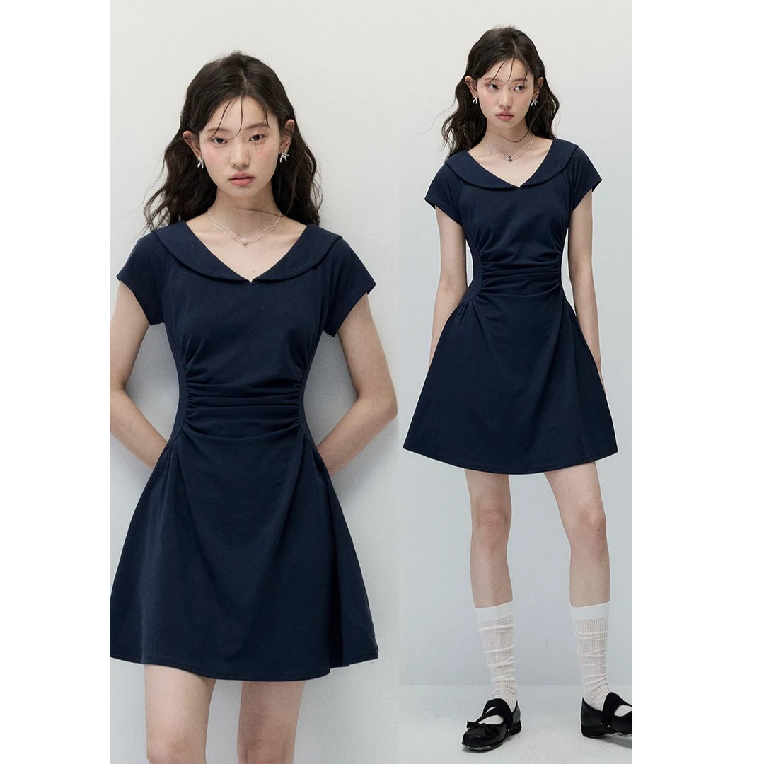 ANNATTO 风吟自由 夏季藏青色圆领皱褶收腰显瘦a字休闲连衣裙女