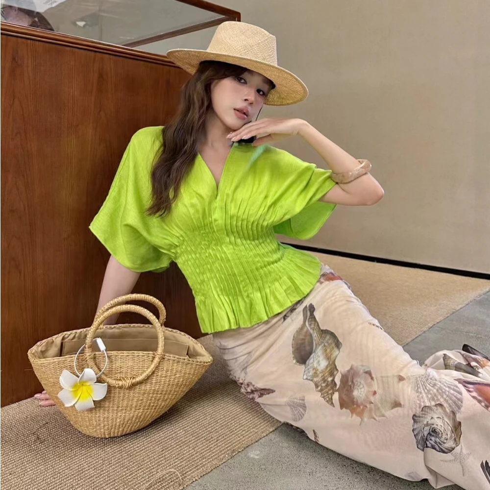 89089法式收腰打褶宽松大袖子设计感上衣