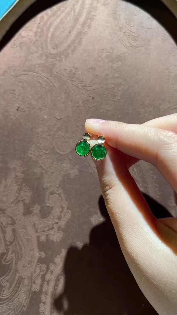 银S925镀金镶嵌翡翠耳钉红翡绿翠