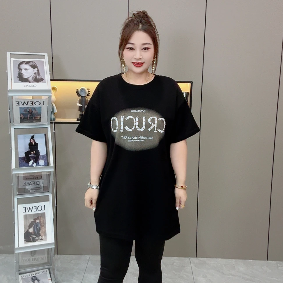 2025早春时尚洋气休闲字母钻减龄百搭大码女装显瘦卫衣半袖t恤