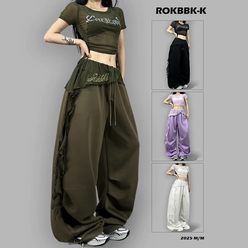 ROKBBK-K布韩街舞潮牌2025运动裤女刺绣蕾丝宽松休闲嘻哈爵士舞